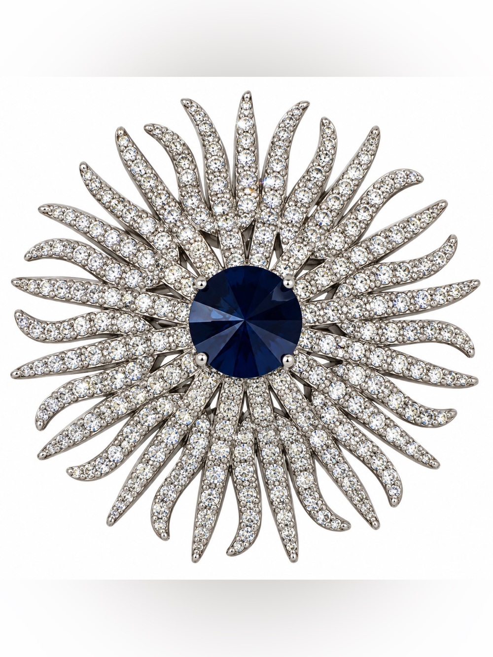 Elegant Silver Rhinestone Burst Broach with Deep Blue Center Crystal 🆕